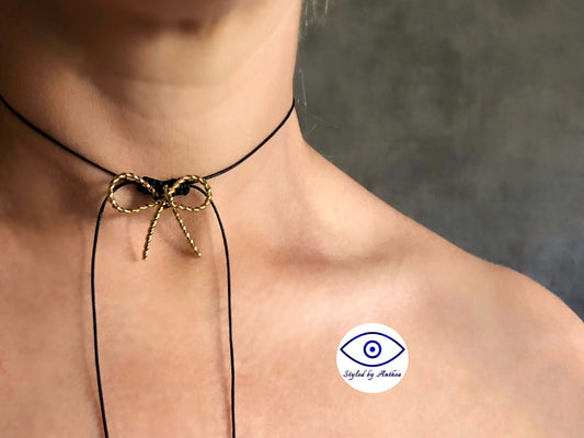 Adjustable Black Necklace - Alkyone Bow with Tassels Gold or Silver