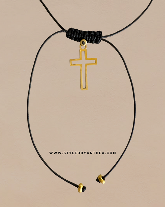 Adjustable Black Necklace - Crucifix on Tassles - Styled by Anthea