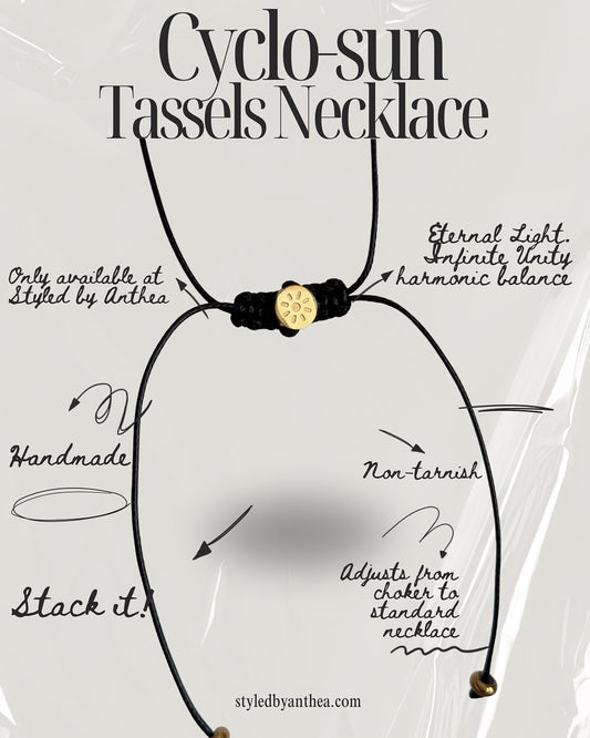 Adjustable Black Necklace - Sun Cyclo on Tassels