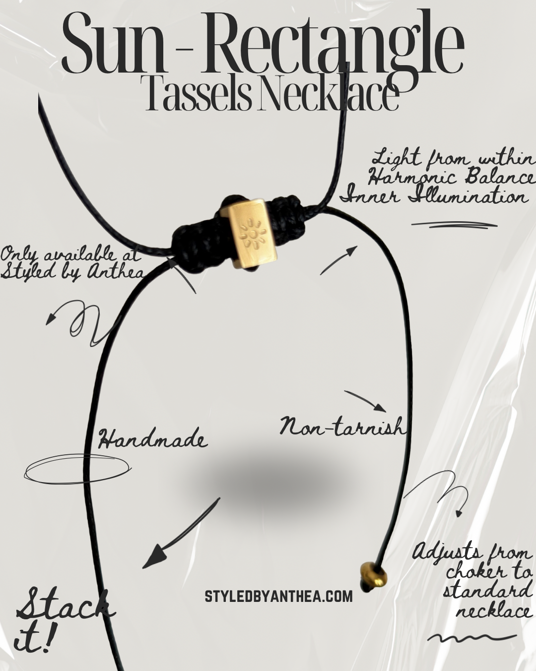 Adjustable Black Necklace - Sun on Rectangle Tassels