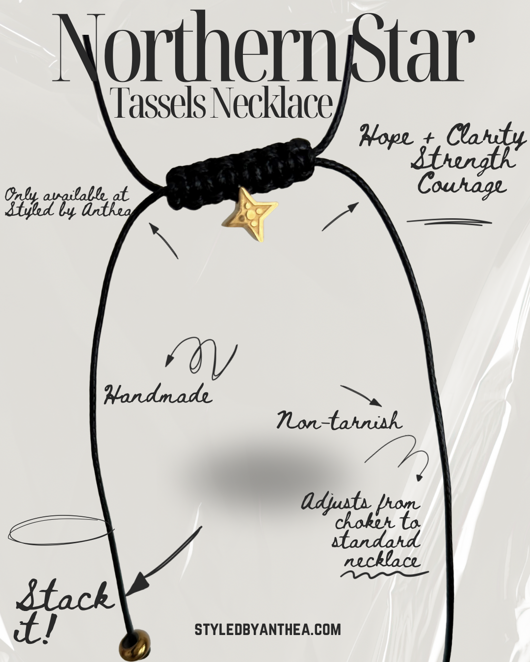 Adjustable Black Necklace- Northern Star On Tassels