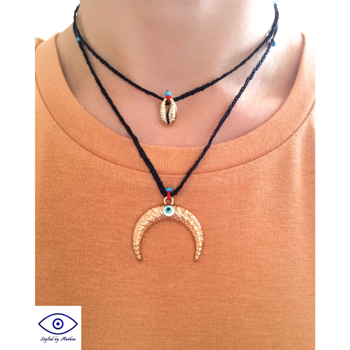Adjustable Black Necklace- Shell & Crescent Moon Stack