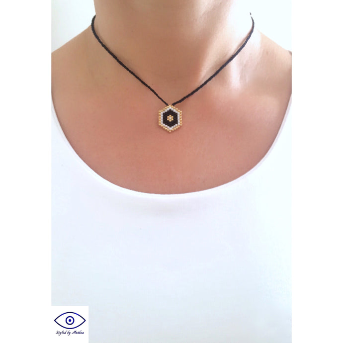 Adjustable Black Necklace - Black/White/Gold Seeded Evil Eye