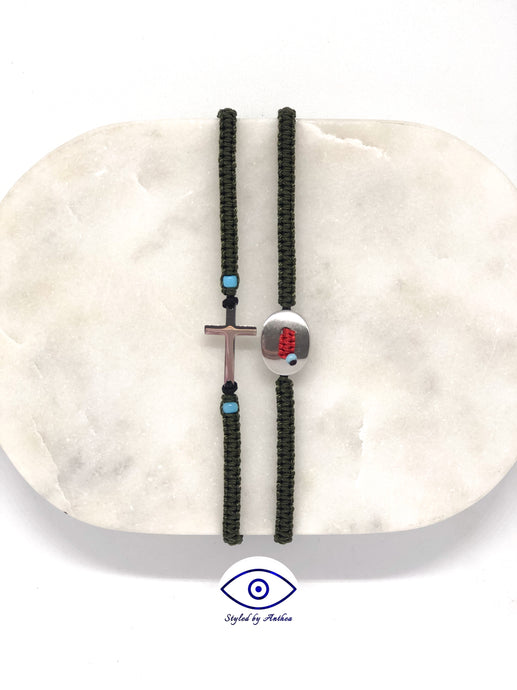 Men’s Adjustable Olive Bracelet Stack - Crucifix or Simi