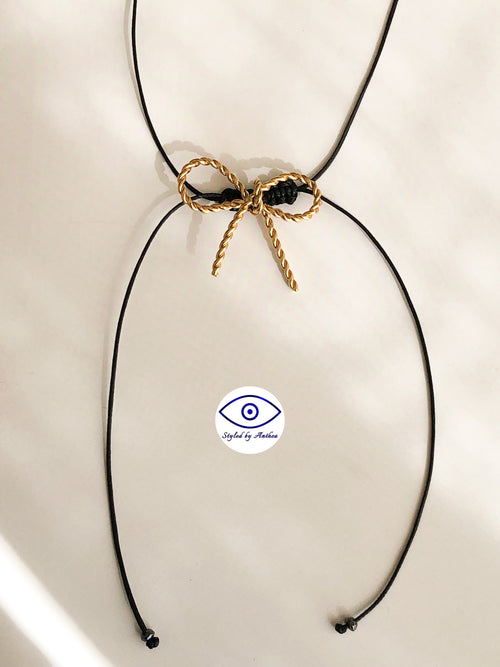 Adjustable Black Necklace - Alkyone Bow with Tassels Gold or Silver