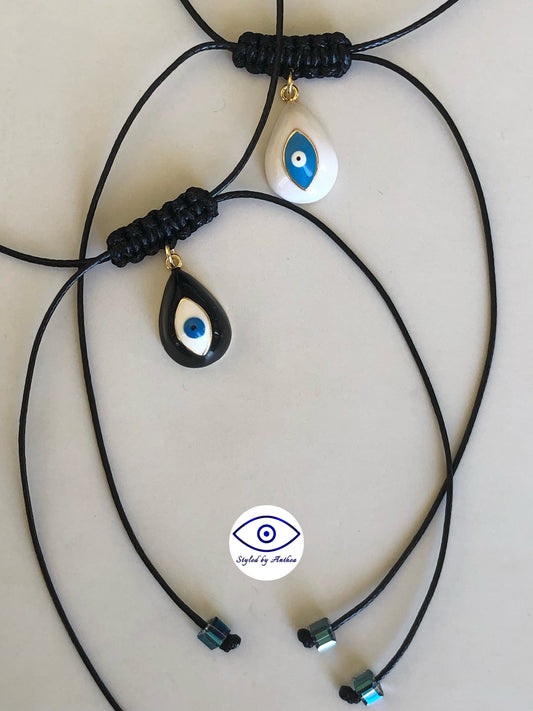 Adjustable Black Necklace - Kythira Evil Eye on Tassels