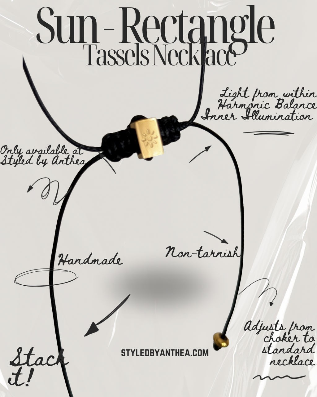 Adjustable Black Necklace - Sun on Rectangle Tassels