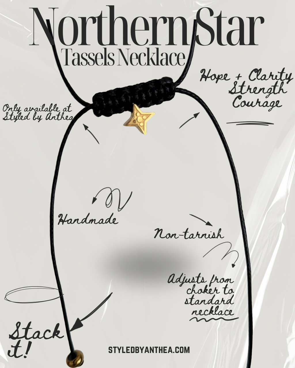 Adjustable Black Necklace- Northern Star On Tassels
