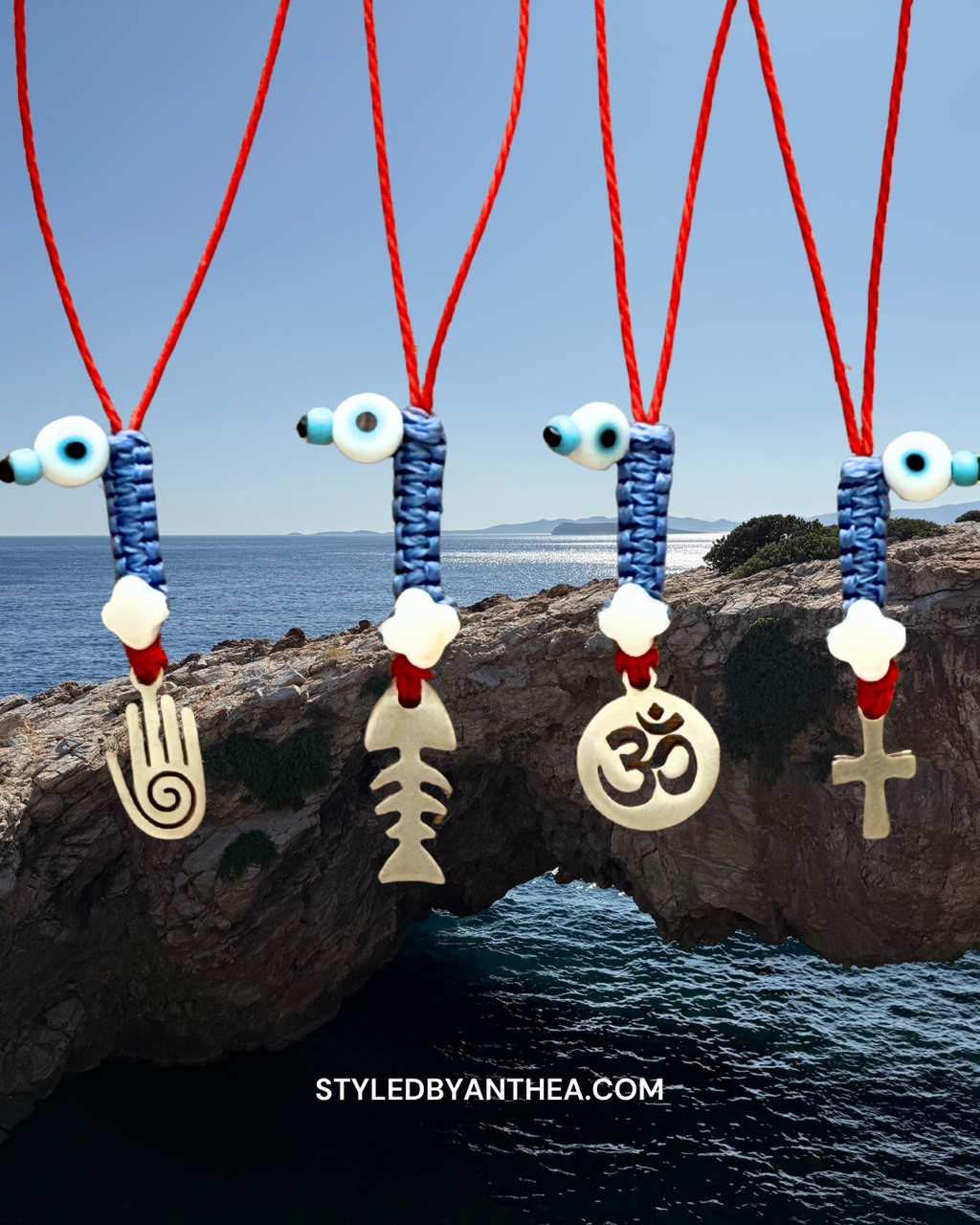 The AFRODITI Red & Blue Adjustable Evil Eye Necklace - Psari/Hamsa hand/Om/Crucifix