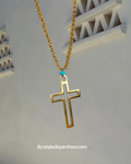 Gold cross necklace with a turquoise bead - The Patmos Crucifix (cross)