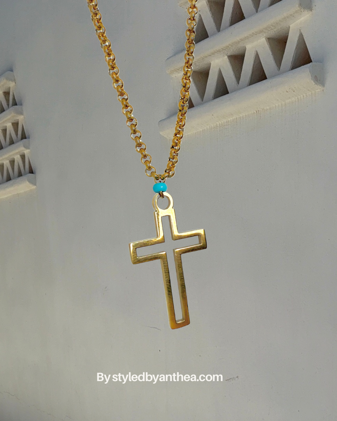 Gold cross necklace with a turquoise bead - The Patmos Crucifix (cross)