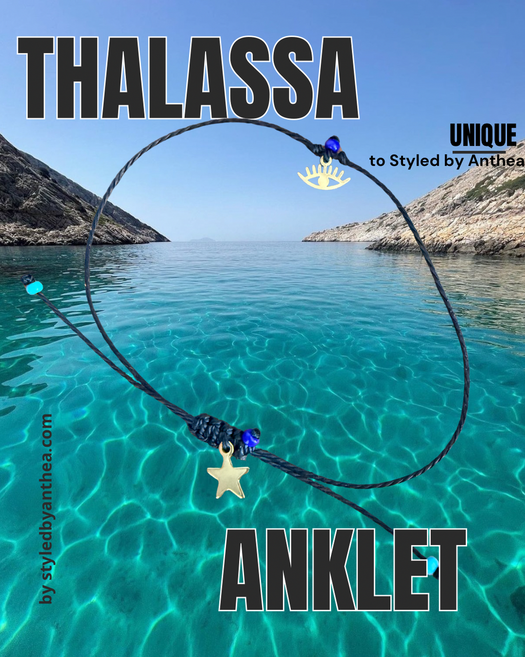 Thalassa Black Anklet - Gold Evil Eye & Star