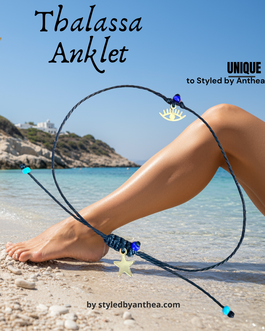 Thalassa Black Anklet - Gold Evil Eye & Star