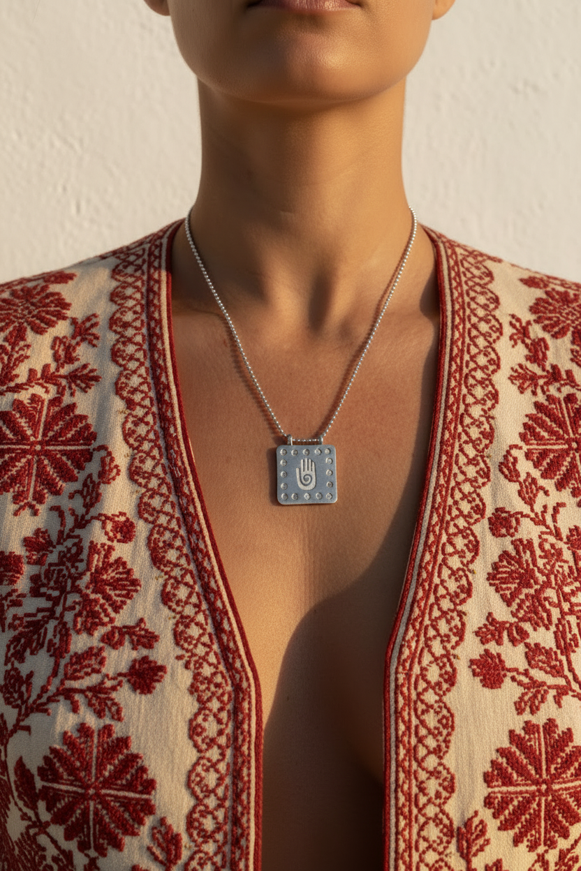 Hamsa Pendant — Closed Cream & Red Waistcoat